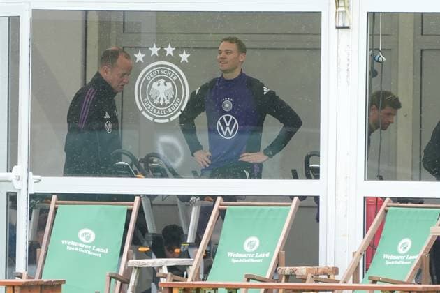 Goalkeeper Goalie Manuel Neuer Germany Germany trains on the ergometer in the fitness tent on his first day at the training camp Blankenhain 29 05 2024 Training camp of the German national team for the European Championship preparation, Golf Resort Weimarer Land