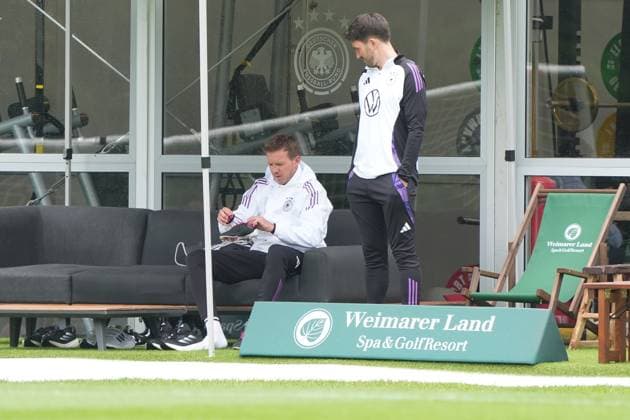National coach Julian Nagelsmann Germany Germany with new Adidas shoes Blankenhain 29 05 2024 Training camp for the German national team in preparation for the European Championship, Golf Resort Weimarer Land