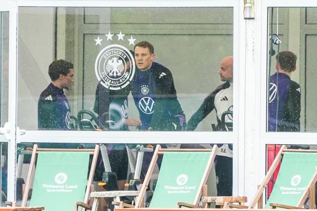 Goalkeeper Goalie Manuel Neuer Germany Germany trains on the ergometer in the fitness tent on his first day at the training camp Blankenhain 29 05 2024 Training camp of the German national team for the European Championship preparation, Golf Resort Weimarer Land