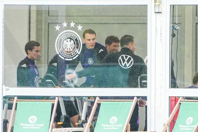 Goalkeeper Manuel Neuer Germany Germany trains on the ergometer in the fitness tent on his first day in the training camp, behind him Thomas Müller Germany Germany , Brajan Gruda Germany Germany Blankenhain 29 05 2024 Training camp of the German national team for the European Championship preparation, Golf Resort Weimarer Land
