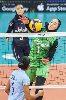 (240529) -- MANILA, May 29, 2024 -- Aytak Salamatgharamaleki of Iran (Top) spikes the ball during the 5th-6th final match in the Asian Women s Volleyball Challenge Cup 2024 between India and Iran in Manila, the Philippines, on May 29, 2024. ) (SP)THE PHILIPPINES-MANILA-VOLLEYBALL-ASIAN WOMEN S VOLLEYBALL CHALLENGE CUP 2024-INDIA VS IRAN ROUELLExUMALI 