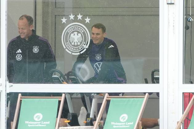 Goalkeeper Goalie Manuel Neuer Germany Germany trains on the ergometer in the fitness tent on his first day at the training camp Blankenhain 29 05 2024 Training camp of the German national team for the European Championship preparation, Golf Resort Weimarer Land