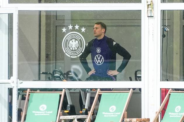 Goalkeeper Goalie Manuel Neuer Germany Germany trains on the ergometer in the fitness tent on his first day at the training camp Blankenhain 29 05 2024 Training camp of the German national team for the European Championship preparation, Golf Resort Weimarer Land