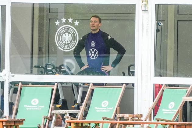 Goalkeeper Goalie Manuel Neuer Germany Germany trains on the ergometer in the fitness tent on his first day at the training camp Blankenhain 29 05 2024 Training camp of the German national team for the European Championship preparation, Golf Resort Weimarer Land