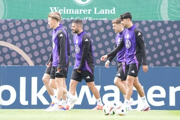 Chris Führich Germany Germany , Deniz Undav Germany Germany , Brajan Gruda Germany Germany , Aleksandar Pavlovic Germany Germany Blankenhain 29 05 2024 Training camp for the German national team in preparation for the European Championship, Golf Resort Weimarer Land