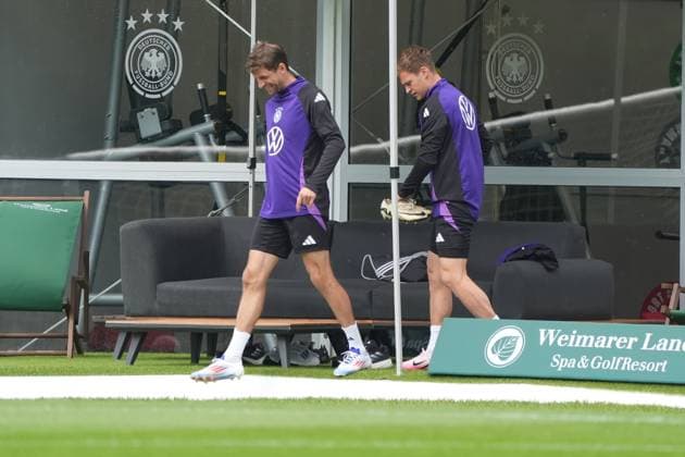 Thomas Müller Germany Germany and Joshua Kimmich Germany Germany Blankenhain 29 05 2024 Training camp for the German national team in preparation for the European Championship, Golf Resort Weimarer Land