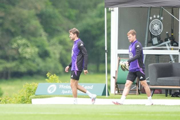 Thomas Müller Germany Germany and Joshua Kimmich Germany Germany Blankenhain 29 05 2024 Training camp for the German national team in preparation for the European Championship, Golf Resort Weimarer Land