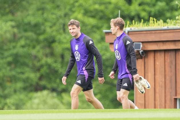 Thomas Müller Germany Germany and Joshua Kimmich Germany Germany Blankenhain 29 05 2024 Training camp for the German national team in preparation for the European Championship, Golf Resort Weimarer Land