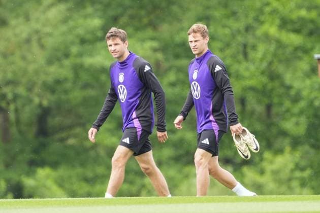 Thomas Müller Germany Germany and Joshua Kimmich Germany Germany Blankenhain 29 05 2024 Training camp for the German national team in preparation for the European Championship, Golf Resort Weimarer Land