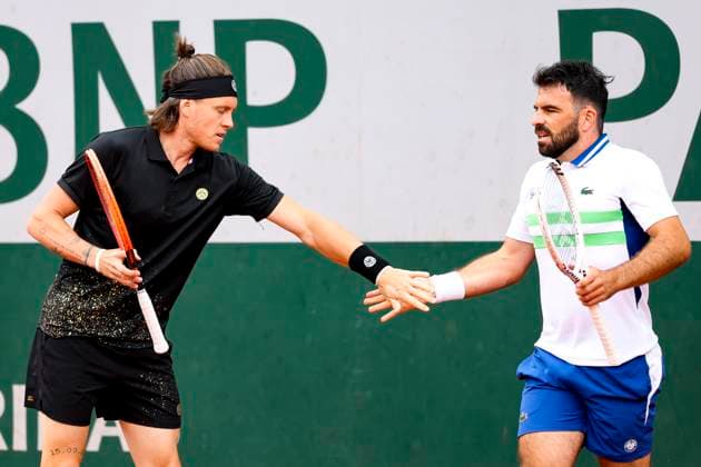 TENNIS - French Open 2024 PARIS,FRANCE,29.MAY.24 - TENNIS - ATP, Tennis Herren World Tour, French Open, Roland Garros, Grand Slam. Image shows Sam Weissborn (AUT) and Romain Arneodo (MON).  GEPAxpictures xPatrickxSteiner