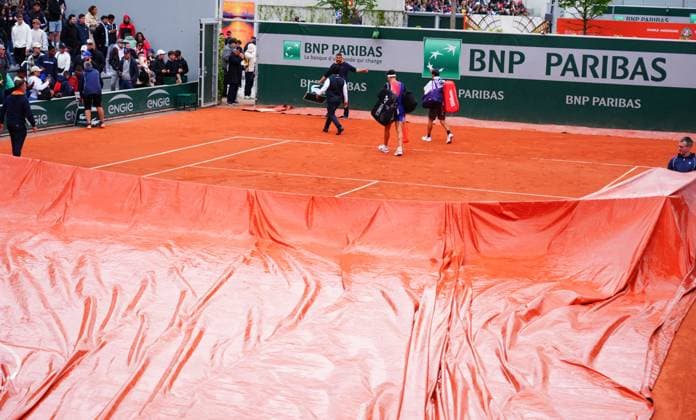 Kei Nishikori and Ben Shelton walk off Court 7 as rain interrupts play French Open Tennis, Day 4, Tennis, Roland Garros, Paris, France - 29 May 2024  Copyright: xJavierxGarcia Shutterstockx 14513222d