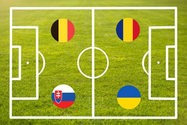 Startaufstellung der Fußball-EM EURO 2024 auf einem Spielfeld mit Länderflaggen. Gruppe E mit Belgien, Slowakei, Rumänien und Ukraine. FOTOMONTAGE