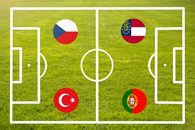 Startaufstellung der Fußball-EM EURO 2024 auf einem Spielfeld mit Länderflaggen. Gruppe F mit Türkei, Georgien, Portugal und Tschechien. FOTOMONTAGE