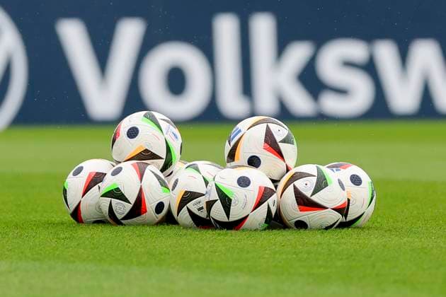 adidas footballs lying on the grass of the training field, training day 4, training camp of the German national team, Spa and GolfResort Weimarer Land, 30 05 2024, Blankenhain, Germany