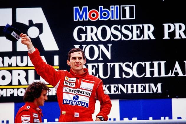 Formel 1 Hockenheimring 1989 Ayrton Senna siegt, links Alain Prost Hockenheim Baden-Württemberg Deutschland Hockenheimring *** Formula 1 Hockenheim Ring 1989 Ayrton Senna wins, left Alain Cheers Hockenheim bath Wuerttemberg Germany Hockenheim Ring