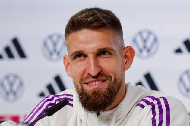 Robert Andrich laughs, press conference day 4, training camp of the German national team, castle, 30 05 2024, Blankenhain, Germany
