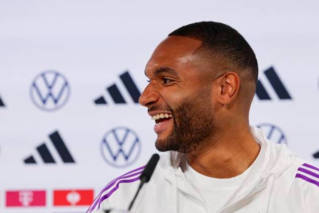 Jonathan Tah laughs, press conference day 4, training camp of the German national team, castle, 30 05 2024, Blankenhain, Germany