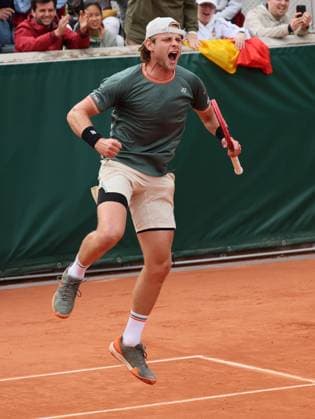 Belgian Zizou Bergs celebrates after winning a tennis match against German Marterer, in the second round of the men s singles, at the Roland Garros French Open tennis tournament, in Paris, France, Thursday 30 May 2024. This year s tournament takes place from 26 May to 09 June. BENOITxDOPPAGNE  x93632808x