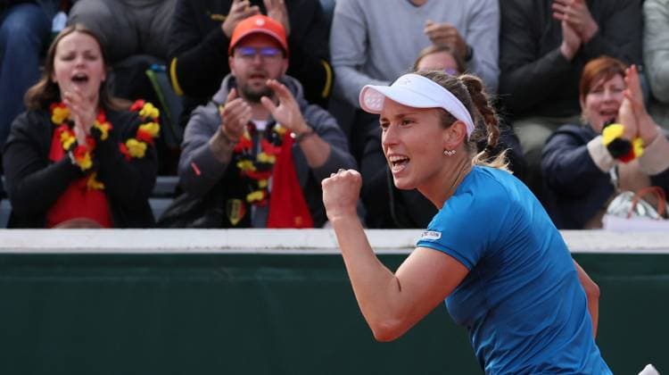 Belgian Elise Mertens pumps her fist during Belgian Elise Mertens reacts during a tennis match against Croatian Martic, in the second round of the women s singles, at the Roland Garros French Open tennis tournament, in Paris, France, Thursday 30 May 2024. This year s tournament takes place from 26 May to 09 June. BENOITxDOPPAGNE  x93634724x