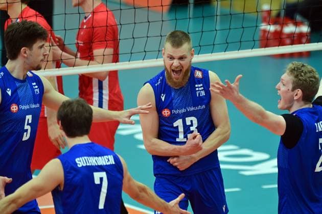 L-R Alexej Zhbankov, Niko Suihkonen, Joonas Jokela and Fedor Ivanov (all FIN) react during the CEV Volleyball European Golden League 2024, match Finland vs Czechia, in Karlovy Vary, Czech Republic, on May 30, 2024. (CTKxPhoto SlavomirxKubes) CTKPhotoP2024053007790  CTKPhotoP2024053007790