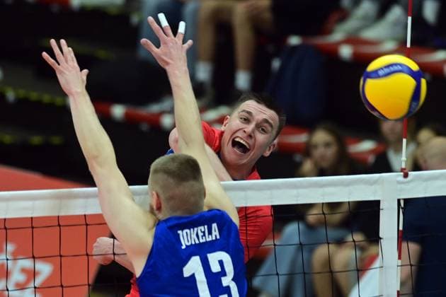L-R Joonas Jokela (FIN) and Lukas Vasina (CZE) in action during the CEV Volleyball European Golden League 2024, match Finland vs Czechia, in Karlovy Vary, Czech Republic, on May 30, 2024. (CTKxPhoto SlavomirxKubes) CTKPhotoP2024053007791  CTKPhotoP2024053007791