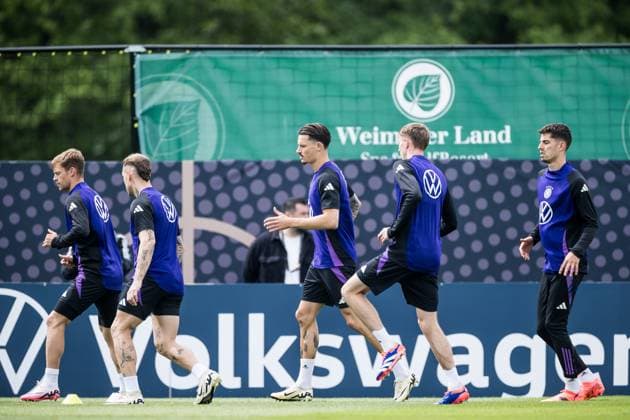 DFB Training Camp Training 31 05 2024 Joshua Kimmich Germany , David Raum Germany , Robin Koch Germany , Maximilian Beier Germany and Kai Havertz Germany in the Warm Up DFB Training Camp Training Blankenhain, Golf Spa Resort Weimarer Land on 31 05 2024 Copyright: xBEAUTIFULxSPORTS Wunderlx