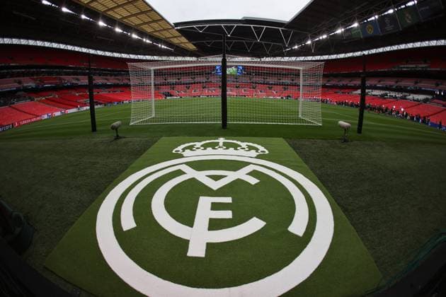 LONDON, ENGLAND, 31 MAY: The CF Real Madrid crest is displayed at Wembley Stadium in London, England on May 31, 2024, as preparations continue on the eve of the UEFA Champions League final football match between Borussia Dortmund and Real Madrid. UEFA Champions League Final - Borussia Dortmund v Real Madrid