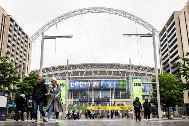 240531 General exterior view of Wembley Stadium ahead of the UEFA Champions League final between Dortmund and Real Madrid on May 31, 2024 in London Photo Petter Arvidson BILDBYRAN kod PA PA0815 fotboll football soccer fotball champions league förhand inför preview real madrid bbeng borussia dortmund final Wembley Stadium arena interiör  Copyright: PETTERxARVIDSON BB240531PA005