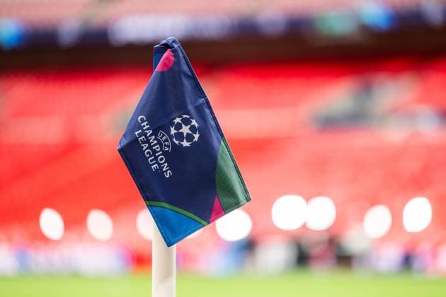 240531 General view of a corner flag ahead of the UEFA Champions League final between Dortmund and Real Madrid on May 31, 2024 in London Photo Petter Arvidson BILDBYRAN kod PA PA0815 fotboll football soccer fotball champions league förhand inför preview real madrid bbeng borussia dortmund final Wembley Stadium arena interiör genre  Copyright: PETTERxARVIDSON BB240531PA026