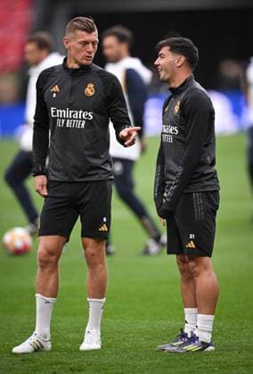 Football CHL FINAL 2023 2024 Final in London 31 05 2024 Borussia Dortmund Real Madrid Training Real Madrid at Wembley Stadium Toni Kroos left and Brahim Diaz