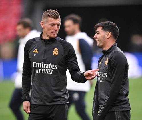 Football CHL FINAL 2023 2024 Final in London 31 05 2024 Borussia Dortmund Real Madrid Training Real Madrid at Wembley Stadium Toni Kroos left and Brahim Diaz