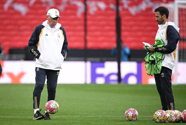 Football CHL FINAL 2023 2024 Final in London 31 05 2024 Borussia Dortmund Real Madrid Training Real Madrid at Wembley Stadium Coach Carlo Ancelotti left and co-coach son Davide Ancelotti right