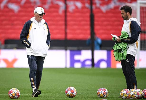 Football CHL FINAL 2023 2024 Final in London 31 05 2024 Borussia Dortmund Real Madrid Training Real Madrid at Wembley Stadium Coach Carlo Ancelotti left and co-coach son Davide Ancelotti right