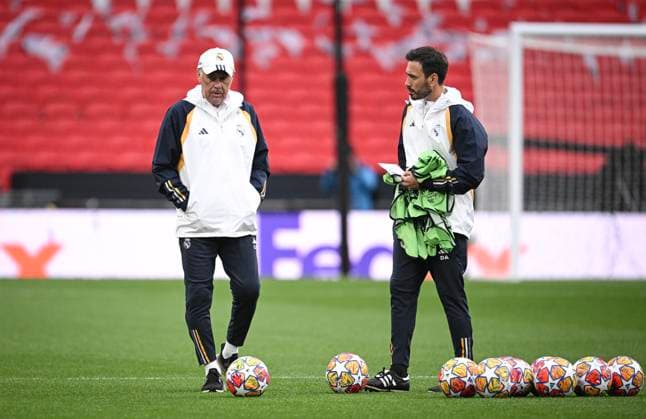 Football CHL FINAL 2023 2024 Final in London 31 05 2024 Borussia Dortmund Real Madrid Training Real Madrid at Wembley Stadium Coach Carlo Ancelotti left and co-coach son Davide Ancelotti right