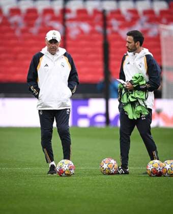 Football CHL FINAL 2023 2024 Final in London 31 05 2024 Borussia Dortmund Real Madrid Training Real Madrid at Wembley Stadium Coach Carlo Ancelotti left and co-coach son Davide Ancelotti right
