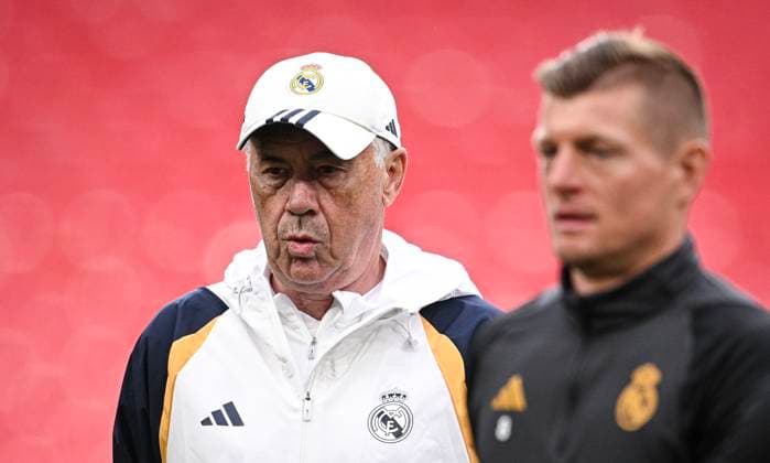 Football CHL FINAL 2023 2024 Final in London 31 05 2024 Borussia Dortmund Real Madrid Training Real Madrid at Wembley Stadium Coach Carlo Ancelotti li9 and Toni Kroos