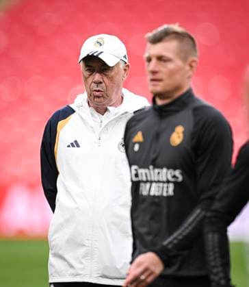 Football CHL FINAL 2023 2024 Final in London 31 05 2024 Borussia Dortmund Real Madrid Training Real Madrid at Wembley Stadium Coach Carlo Ancelotti li9 and Toni Kroos
