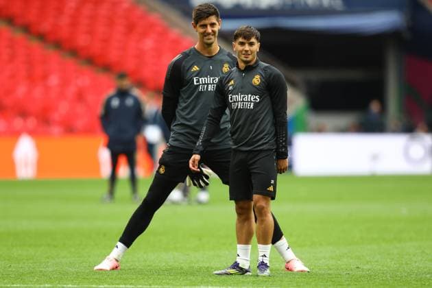 May 31, 2024, London, Brent, United Kingdom: THIBAUT COURTOIS and BRAHIM DIAZ during the Real Madrid training session a day before the UEFA Champions League Final between BORUSSIA DORTMUND and REAL MADRID at Wembley in London, United Kingdom London United Kingdom - ZUMAc179 20240531_zep_c179_091 Copyright: xMickaelxChavetx