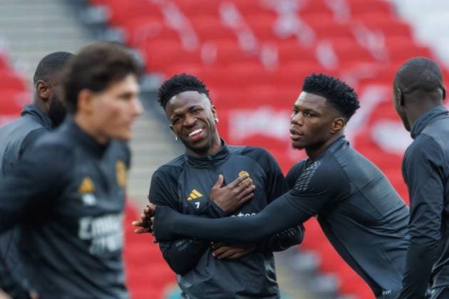 Official training before UEFA Champions League 2024 in London, UK - 31 May 2024 Vinicius Junior and Aurelien Tchouameni (Real Madrid) seen in action during the official training before UEFA Champions League 2024 final game between Borussia Dortmund and Real Madrid at Wembley Stadium. London United Kingdom Copyright: xMaciejxRogowskix xSOPAxImagesx MROGOWSKI-29