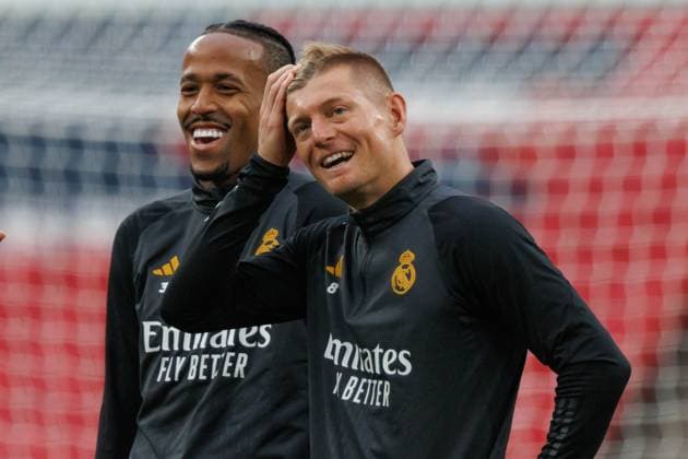 May 31, 2024, London, United Kingdom: Eder Militao and Toni Kroos (Real Madrid) seen laughing during the official training before UEFA Champions League 2024 final game between Borussia Dortmund and Real Madrid at Wembley Stadium. London United Kingdom - ZUMAs197 20240531_aaa_s197_113 Copyright: xMaciejxRogowskix