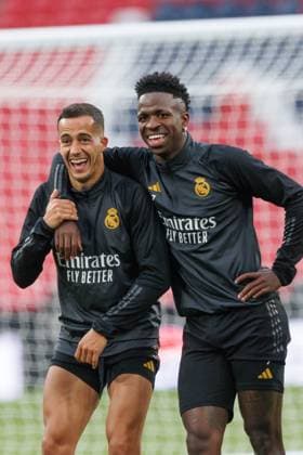 May 31, 2024, London, United Kingdom: Lucas Vazquez and Vinicius Junior (Real Madrid) seen laughing during the official training before UEFA Champions League 2024 final game between Borussia Dortmund and Real Madrid at Wembley Stadium. London United Kingdom - ZUMAs197 20240531_aaa_s197_120 Copyright: xMaciejxRogowskix