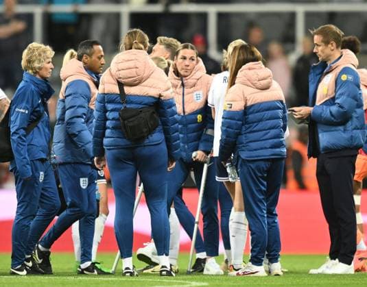 Mary Earps of England on crutches after the full time whistle England Women v France Women, UEFA Women s European Championships 2025 Qualifying, Group A3, Football, St James Park, Newcastle, UK, 31 May 2024 EDITORIAL USE ONLY No use with unauthorised audio, video, data, fixture lists, club league logos or live services. Online in-match use limited to 120 images, no video emulation. No use in betting, games or single club league player publications. Copyright: xRichardxLee Shutterstockx 14516305ah
