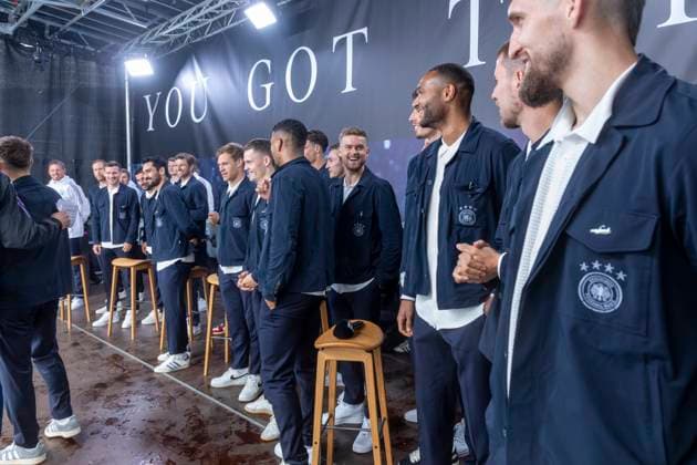 Report 31 05 2024 Arrival party of the German mens national team at adidas in Herzogenaurach in pouring rain The national team on stage at adidas Herzogenaurach Bavaria Germany