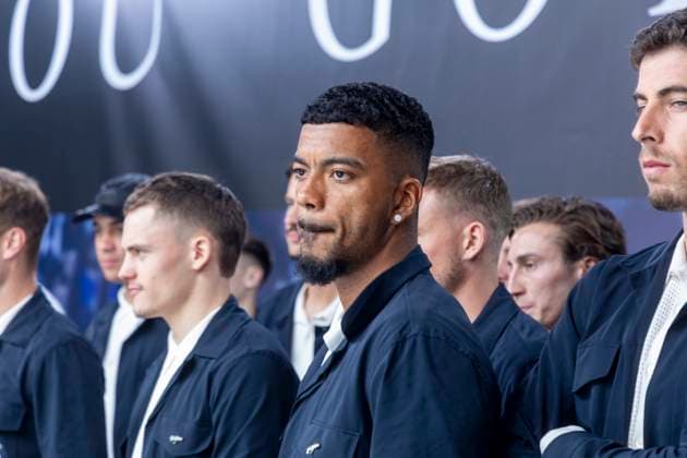 Report 31 05 2024 Arrival party of the German mens national team at adidas in Herzogenaurach in pouring rain Benjamin Henrichs surrounded by his national team colleagues Herzogenaurach Bavaria Germany