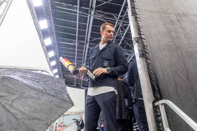 Report 31 05 2024 Arrival party of the German mens national team at adidas in Herzogenaurach in pouring rain Manuel Neuer briefing the shirt cannon Herzogenaurach Bavaria Germany