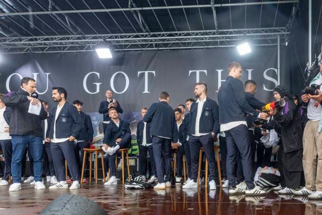 Report 31 05 2024 Arrival party of the German mens national team at adidas in Herzogenaurach in pouring rain The national team on stage at adidas Herzogenaurach Bavaria Germany