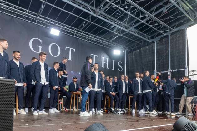 Report 31 05 2024 Arrival party of the German mens national team at adidas in Herzogenaurach in pouring rain The national team on stage at adidas Herzogenaurach Bavaria Germany