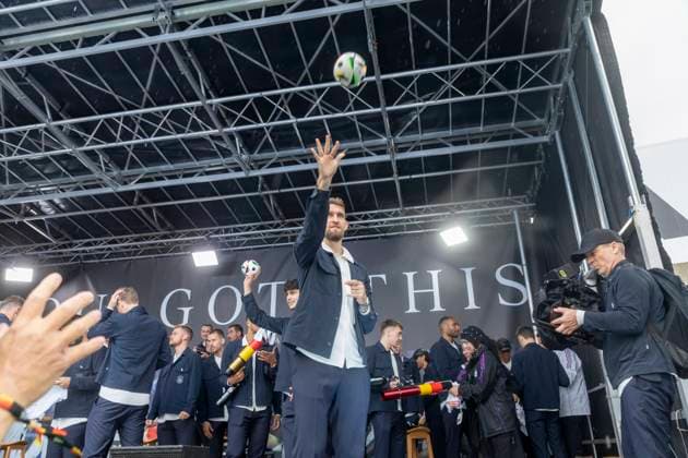 Report 31 05 2024 Arrival party of the German mens national team at adidas in Herzogenaurach in pouring rain The fans are provided with gifts Herzogenaurach Bavaria Germany