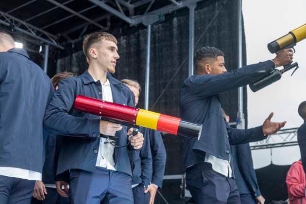 Report 31 05 2024 Arrival party of the German mens national team at adidas in Herzogenaurach in pouring rain The fans are provided with gifts Herzogenaurach Bavaria Germany