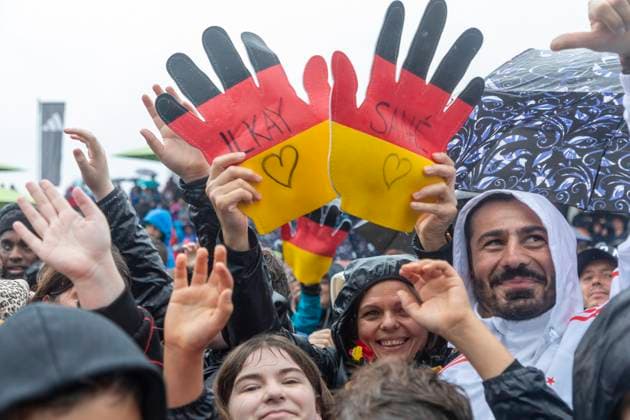 Report 31 05 2024 Arrival party of the German mens national team at adidas in Herzogenaurach in pouring rain The favorite players Ilkay and Sane see Herzogenaurach Bavaria Germany